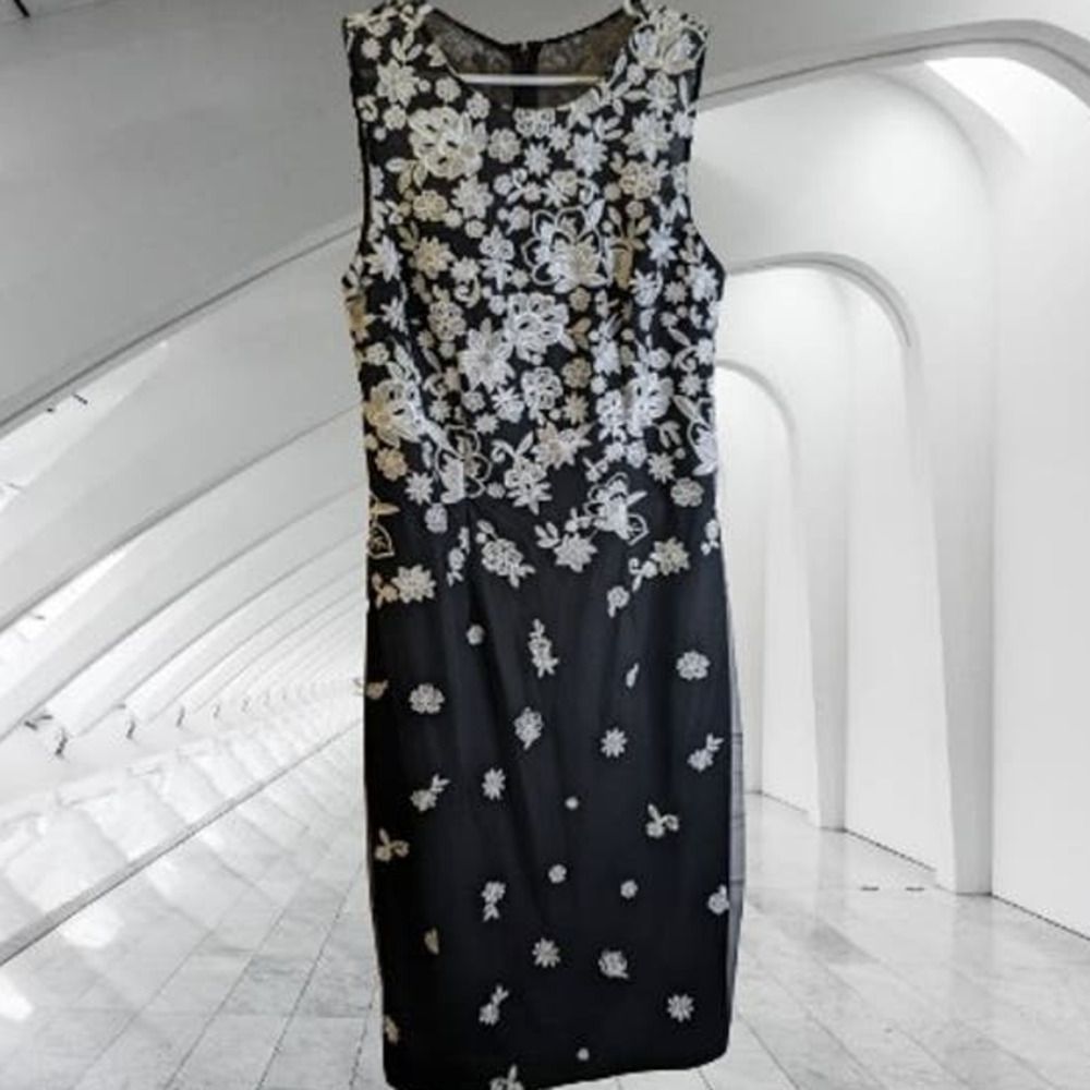 White House Black Market Black Dress with White Floral Embroidery